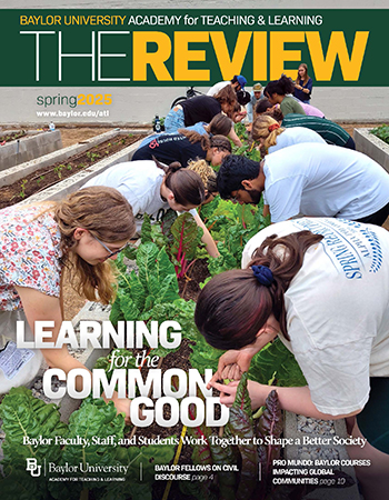 Cover of 2025 Review magazine: students engaged learning in a community garden.