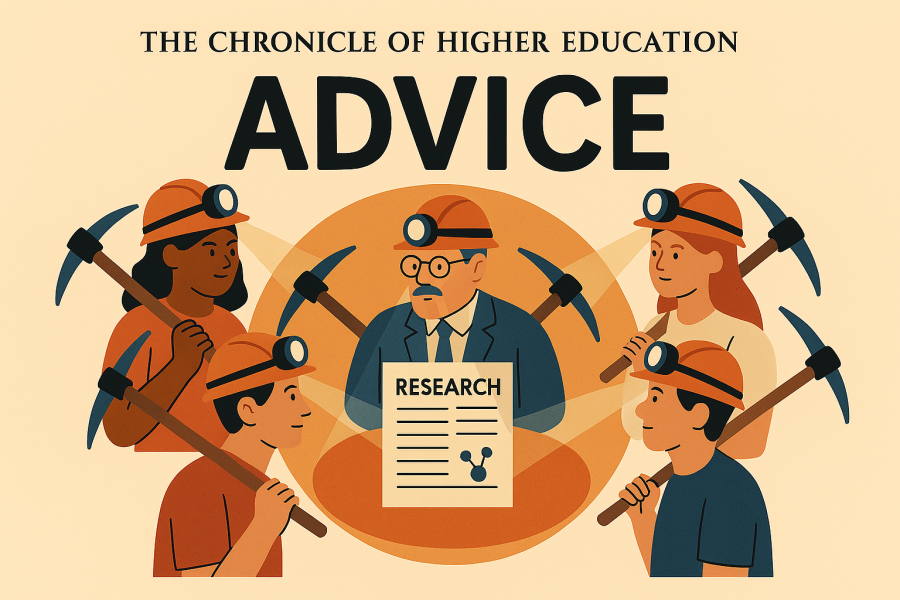 Cartoon of students and professors in miners' hardhats and pickaxes around a research article (AI generated).