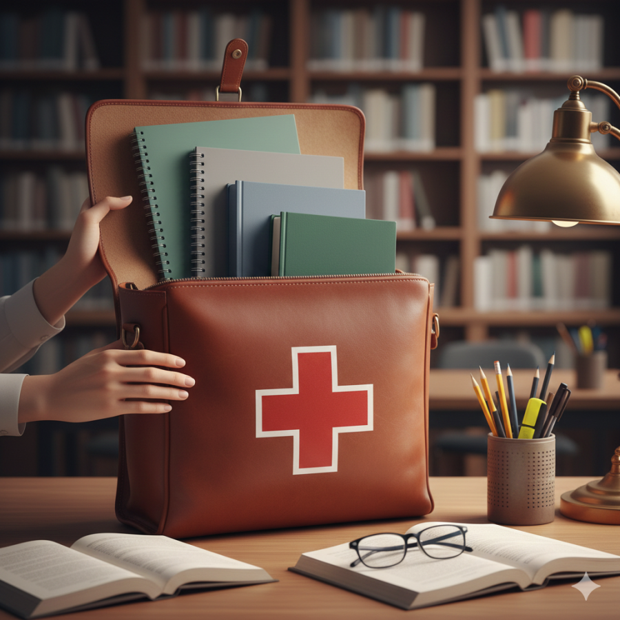 Image of a brown leather faculty satchel containing books and emblazoned with the red medical cross like a first aid kit.